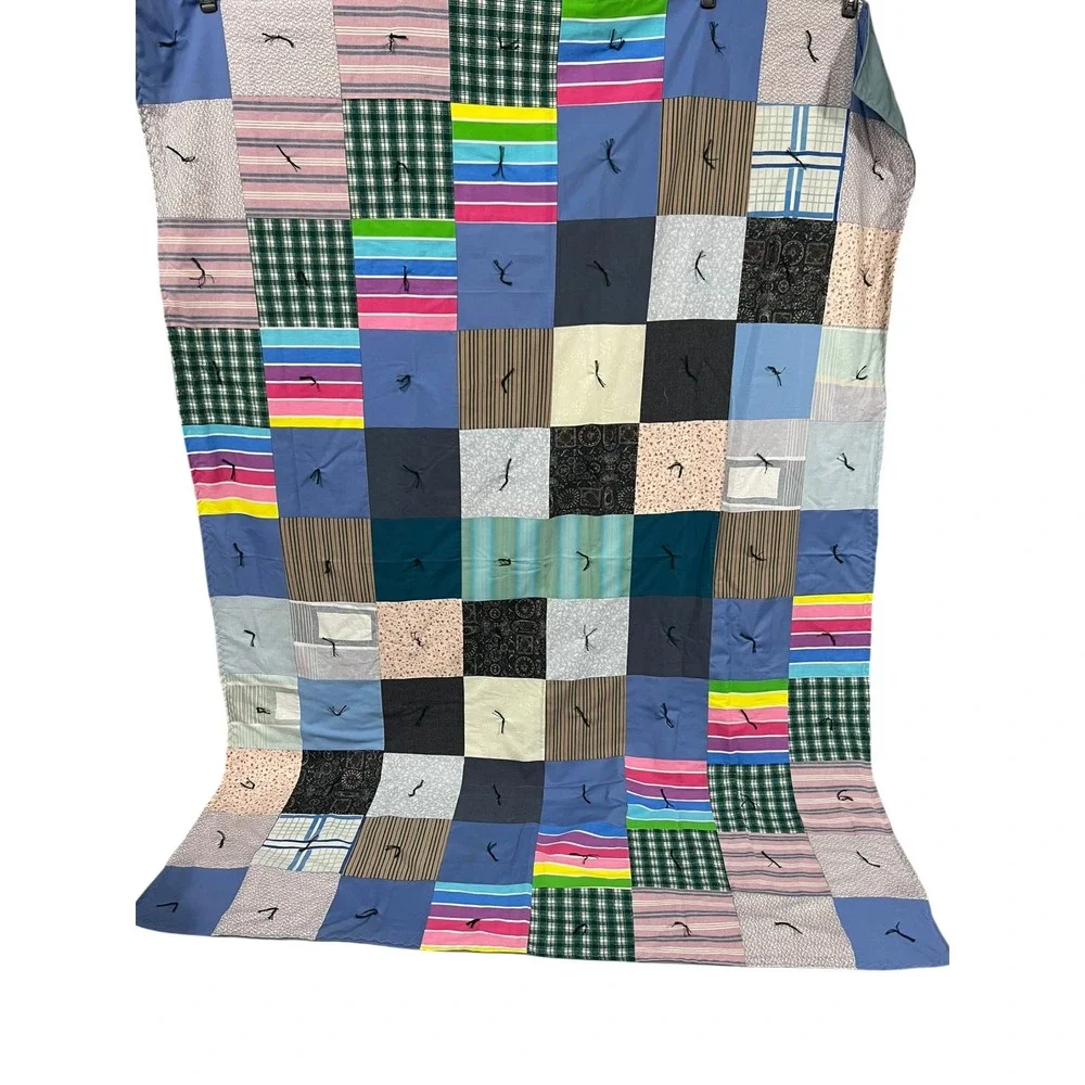 Vintage Patchwork Quilt Blue Plaid Striped Hand Tied Cottagecore Twin